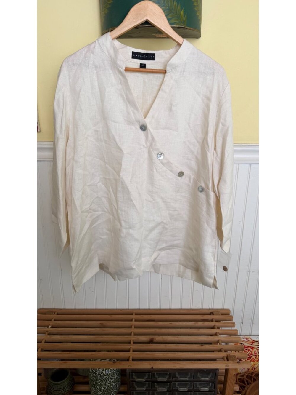 David Dart Womens 1X cream 100% Linen Asymmetrical Button-Front Top